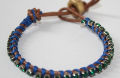 Stackable Bracelet - Green Rhinestone and Copper Leather Wrap